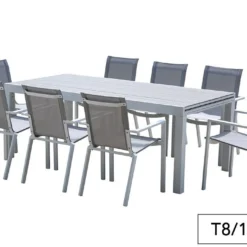 Salon De Jardin Aluminium Tulum Blanc Et Aspect Bois (TB + FT) -Jardelix Soldes Magasin salon jardin aluminium blanc effet bois table rallonge fauteuils 2