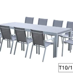 Salon De Jardin Aluminium Tulum Blanc Et Aspect Bois (TB + FT) -Jardelix Soldes Magasin salon jardin aluminium blanc effet bois table rallonge fauteuils 3