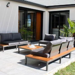 Salon De Jardin 6 Places En Aluminium Et Bois De Teck Nagano -Jardelix Soldes Magasin salon jardin aluminium bois teck 6 places canape 1