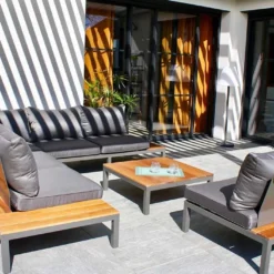 Salon De Jardin 6 Places En Aluminium Et Bois De Teck Nagano -Jardelix Soldes Magasin salon jardin aluminium bois teck 6 places canape 2