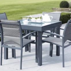 Salon De Jardin Modulo : Table Extensible + 4 Fauteuils Gris