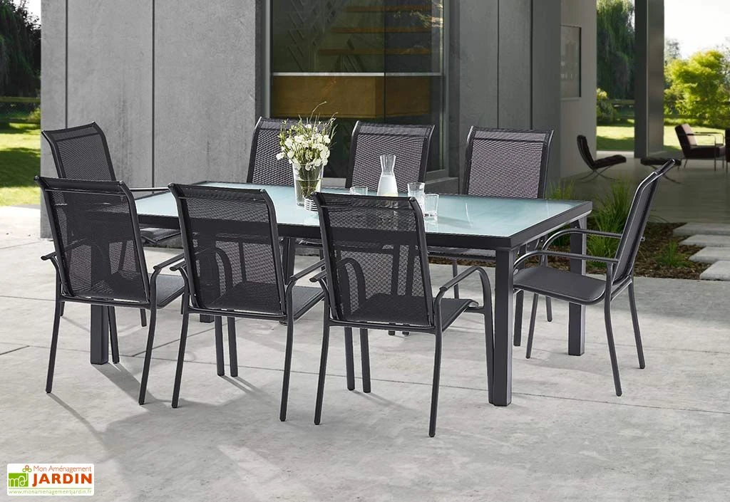 Salon De Jardin BlackSun En Alu Et Verre Trempé : Table + 8 Fauteuils 4 Salon De Jardin BlackSun En Alu Et Verre Trempé : Table + 8 Fauteuils – Image 2