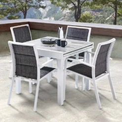 Salon De Jardin Aluminium : Table Extensible 90/180 Cm + 4 Fauteuils 12 Salon De Jardin Aluminium : Table Extensible 90/180 Cm + 4 Fauteuils -Jardelix Soldes Magasin salon jardin aluminium wilsa 600310