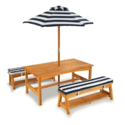 KidKraft Salon De Jardin Bois Pour Enfants : Table, Bancs, Parasol Bleu Marine