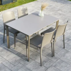 Salon De Jardin : 1 Table Aluminium 120 X 80 Cm + 4 Chaises – Hall -Jardelix Soldes Magasin salon jardin meet hall 4 chaises table taupe
