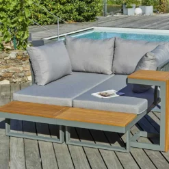 Salon De Jardin Modulable 4 Places En Aluminium Et Acacia - Tokyo -Jardelix Soldes Magasin salon jardin modulable tokyo