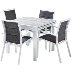 Salon De Jardin Aluminium : Table Extensible 90/180 Cm + 4 Fauteuils