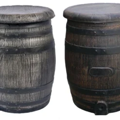 Roto Salon De Jardin Imitation Tonneaux En Bois : 1 Table + 4 Fauteuils -Jardelix Soldes Magasin salon jardin plastique effet tonneau bois 2