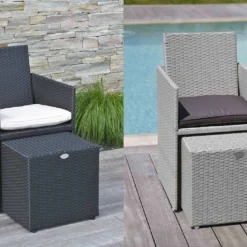 Salon De Jardin En Résine Tressée Encastrable : 11 Pièces, 2 Coloris -Jardelix Soldes Magasin salon jardin resine tressee 10 places 6fauteuils 4 poufs 3