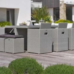 Salon De Jardin En Résine Tressée Encastrable : 11 Pièces, 2 Coloris -Jardelix Soldes Magasin salon jardin resine tressee 10 places 6fauteuils 4 poufs 4