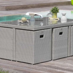 Salon De Jardin En Résine Tressée Encastrable : 11 Pièces, 2 Coloris -Jardelix Soldes Magasin salon jardin resine tressee 10 places 6fauteuils 4 poufs 5