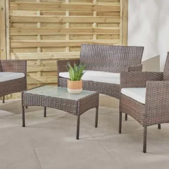 Salon De Jardin 4 Places En Aluminium Et Résine Tressée - Barcelone -Jardelix Soldes Magasin salon jardin resine tressee barcelone marron