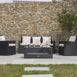 Salon De Jardin En Résine Tressée : 1 Canapé + 2 Fts + 1 Table Basse -Jardelix Soldes Magasin salon jardin resine tressee canape fauteuils table basse 1