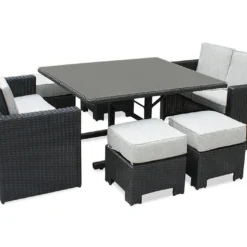 Salon De Jardin 8 Places En Aluminium Et Résine Tressée Océane Noir -Jardelix Soldes Magasin salon jardin resine tressee encastrable 8p