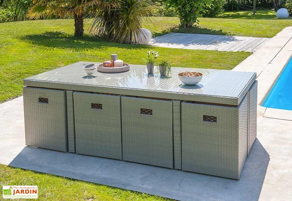 Salon De Jardin En Résine Tressée Encastrable Gris : 1 Table + 8 Fts 4 Salon De Jardin En Résine Tressée Encastrable Gris : 1 Table + 8 Fts – Image 2
