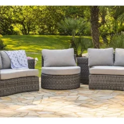 Salon De Jardin Rond En Aluminium Et Résine Tressée 8 Places - Nouméa -Jardelix Soldes Magasin salon jardin rond 8 places resine aluminium gris noumea 3