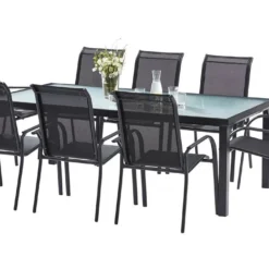 Salon De Jardin BlackSun En Alu Et Verre Trempé : Table + 8 Fauteuils