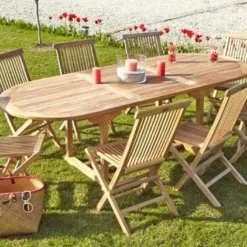 Salon De Jardin En Bois De Teck – 1 Table Ovale 240 Cm Et 8 Chaises -Jardelix Soldes Magasin salon jardin teck brut ovale 6