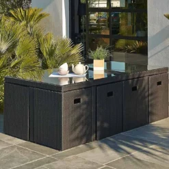 Salon De Jardin En Résine Tressée Encastrable Noir : 1 Table + 8 Fts -Jardelix Soldes Magasin salon resine tresse encastrable 8 places noir pvc 8 n 1