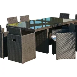Salon De Jardin En Résine Tressée Encastrable Noir : 1 Table + 8 Fts -Jardelix Soldes Magasin salon resine tresse encastrable 8 places noir pvc 8 n 2