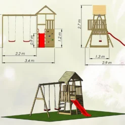 Aire De Jeux En Bois Brut Portique Balançoires Et Toboggan – 9,8 M² -Jardelix Soldes Magasin schema jeux jardin portique wendi toys