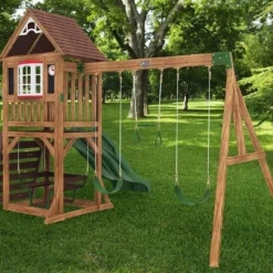 KidKraft Aire De Jeux En Bois Portique Balançoires Et Toboggans - Lindale -Jardelix Soldes Magasin station jeux bois portique balancoires