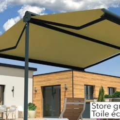 Store Banne Double Pente Avec Coffre – Enargite 6 X 6 M Motorisé -Jardelix Soldes Magasin store double pente alu anthracite toile ecrue 3