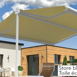 Store Banne Double Pente Avec Coffre – Enargite 6 X 6 M Motorisé -Jardelix Soldes Magasin store double pente alu blanc toile ecrue 3