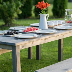 Table De Jardin En Bois Huilé 178 Cm + 2 Bancs – Liepaja -Jardelix Soldes Magasin table jardin bois huile lin 2 bancs ekju 257059