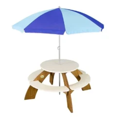 Axi Table De Pique-Nique Ronde En Bois De Hemlock Orion + Parasol -Jardelix Soldes Magasin table pique nique bois ronde enfants parasol orion