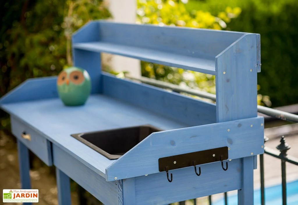 Table De Rempotage En Bois Lasuré Bleu 117 X 45 Cm 5 Table De Rempotage En Bois Lasuré Bleu 117 X 45 Cm – Image 3