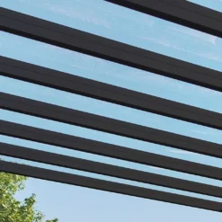 Pergola Adossée Aluminium Gris Et Polycarbonate - Stockholm 3,4 M + Stores -Jardelix Soldes Magasin toiture pergola alu polycarbonate stockholm palram