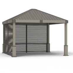 Pergola Autoportée En Aluminium Avec Brise-vues En Lames 13 M² – Nanda -Jardelix Soldes Magasin tonnelle aluminium gris parois lames orientables sojag nanda
