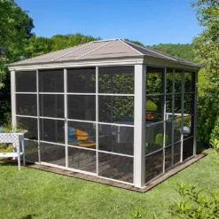 Tonnelle De Jardin En Aluminium Et Acier Galvanisé Striano 10,78 M² -Jardelix Soldes Magasin tonnelle metal champagne striano 10m2