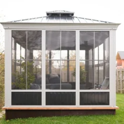 Pergola Fermée En Aluminium 4 X 3 M Avec Toiture Acier - Bolata 10 Pergola Fermée En Aluminium 4 X 3 M Avec Toiture Acier - Bolata -Jardelix Soldes Magasin vue cote pavillon ferme bolata sojag